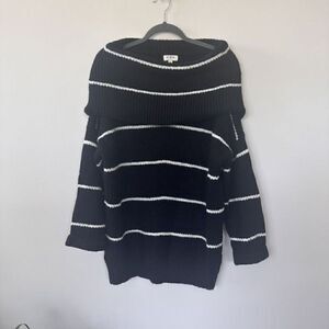 Umgee USA Women's Large Oversized Chunky Black White Striped Cowl Neck Sweater